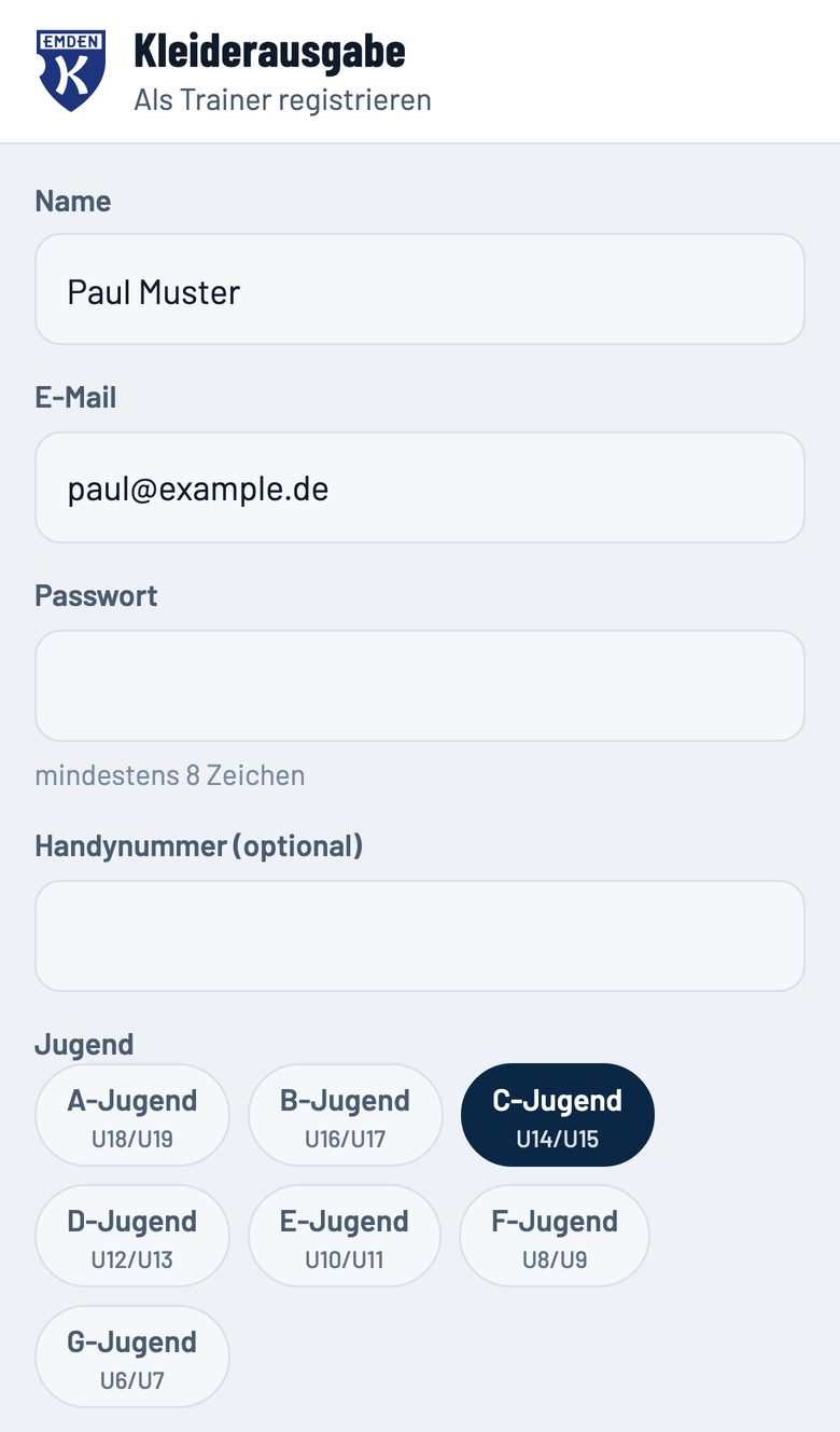 Registrieren: Name, E-Mail, Passwort, Jugend
