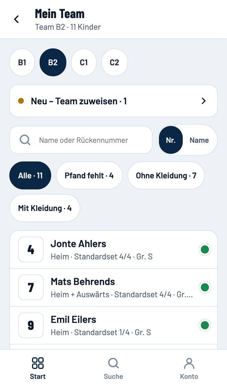 Mein Team mit Rückennummern und Filter