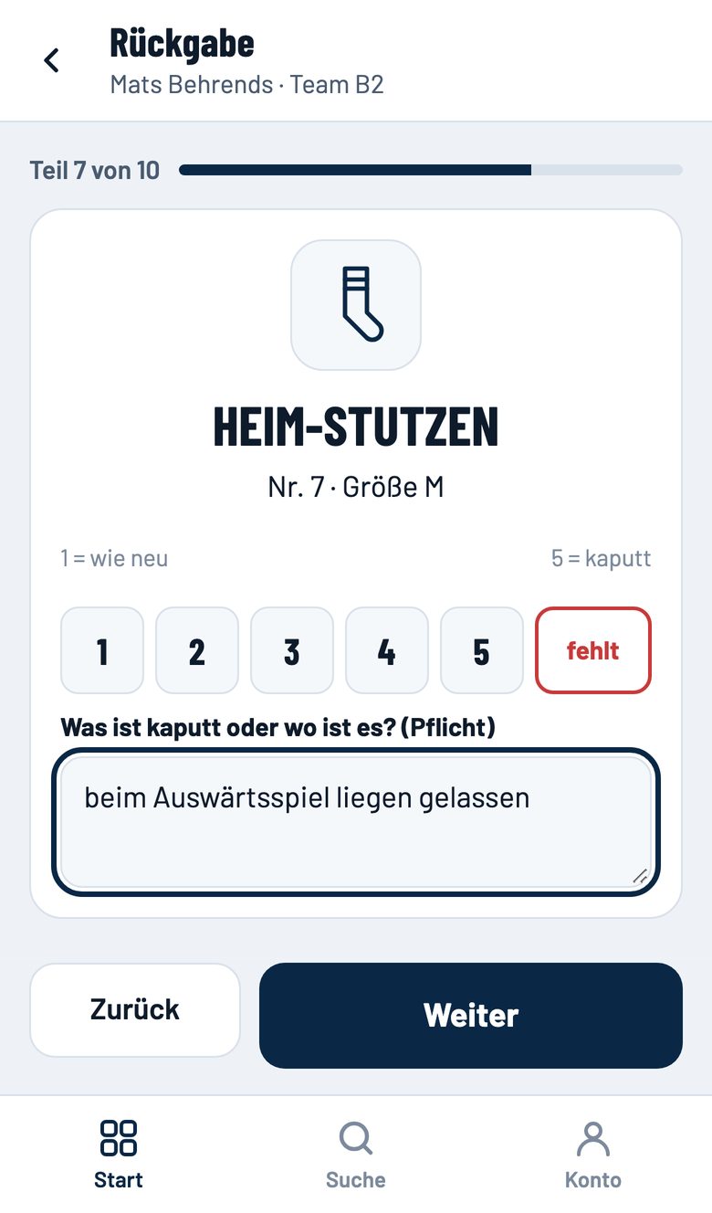 Teil fehlt, Grund eingetragen