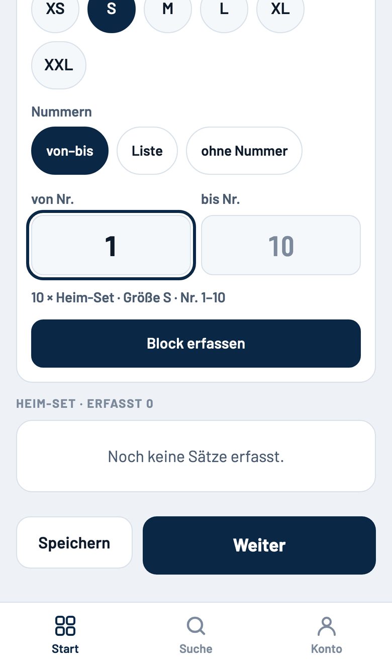 Block erfassen: 10 Sätze, Größe S, Nummer 1 bis 10